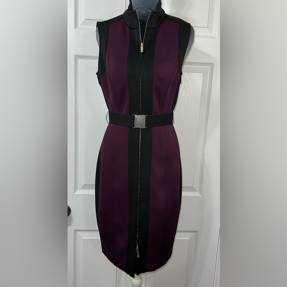Tommy Hilfiger Purple and Black Midi Dress full length zipper Belt thick fabric